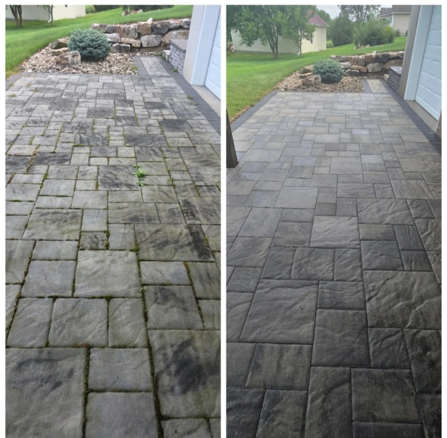 Paver surface before and after cleaning by NextGen Power Wash