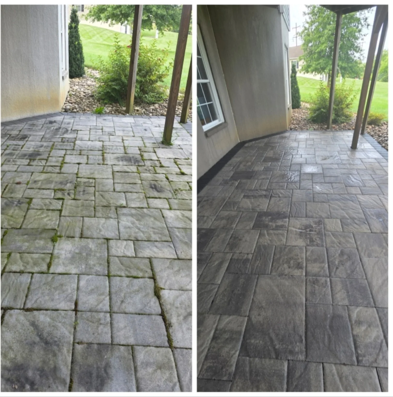 Paver patio before and after cleaning by NextGen Power Wash