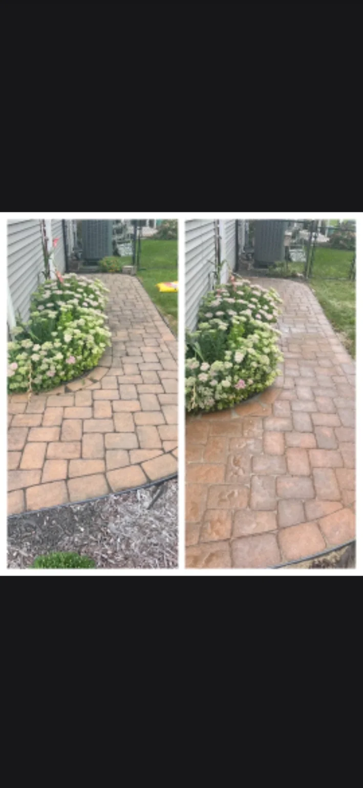 Paver walkway before and after cleaning by NextGen Power Wash